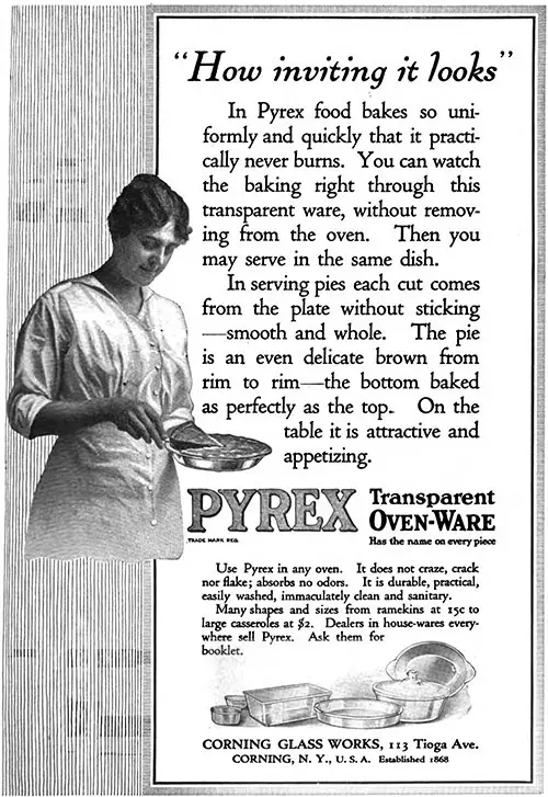 Pyrex by Corning Glass Works Advertisement, American Cookery Magazine, October 1916