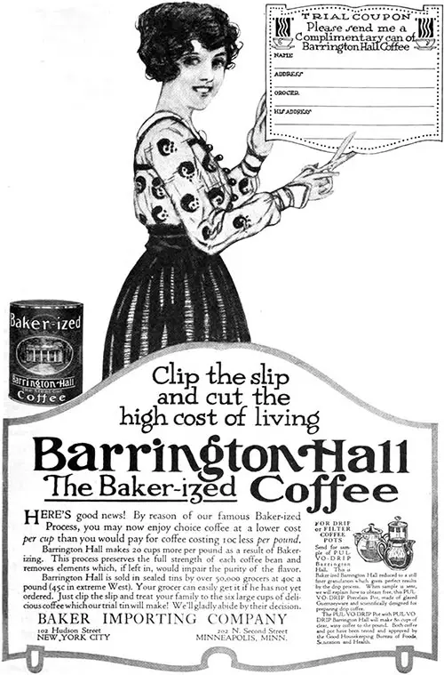 Barrington Hall Coffee Advertisement, American Cookery, March 1917.
