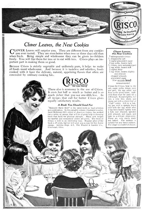 Clover Leaves Cookies Crisco Advertisement, American Cookery Magazine, May 1917.