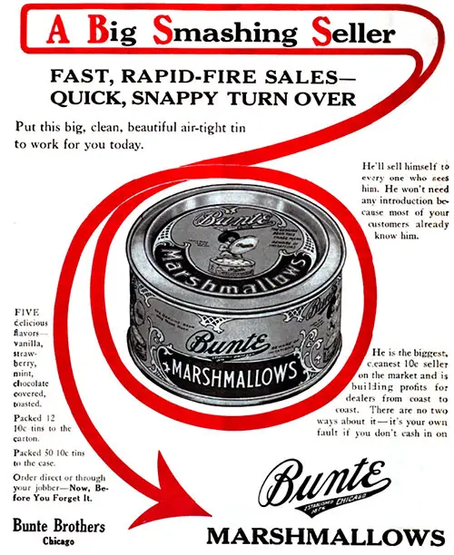Bunte Marshmallows Advertisement, Candy and Ice Cream Magazine, May 1915.