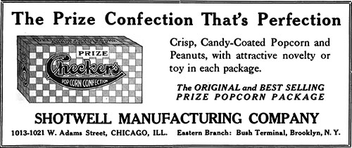Checker's Popcorn Confection, Shotwell Manufacturing Company, Candy and Ice Cream Magazine, May 1915.