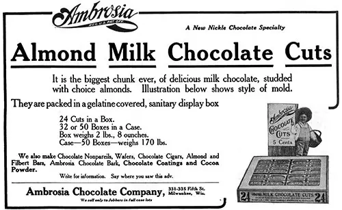 Ambrosia Almond Milk Chocolate Cuts 1915 Advertisement.