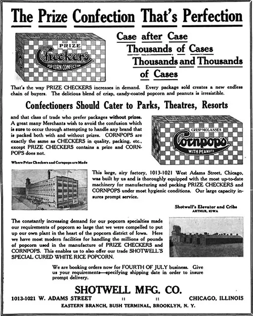 Checker's and Cornpops Advertisement, Shotwell Mfg. Co., Candy and Ice Cream Magazine, June 1915.