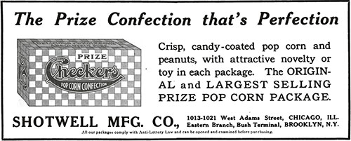 Checker's Popcorn Advertisement, Shotwell Mfg. Co., Candy and Ice Cream Magazine, August 1915.