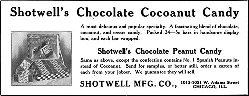 Chocolate Cocoanut Candy by Shotwell Manufacturing Company, Candy and Ice Cream Magazine, October 1915.
