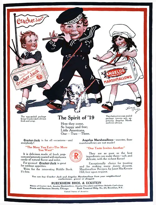 The Spirit of '19 Cracker Jack and Angelus Marshmallows Ad (1919)