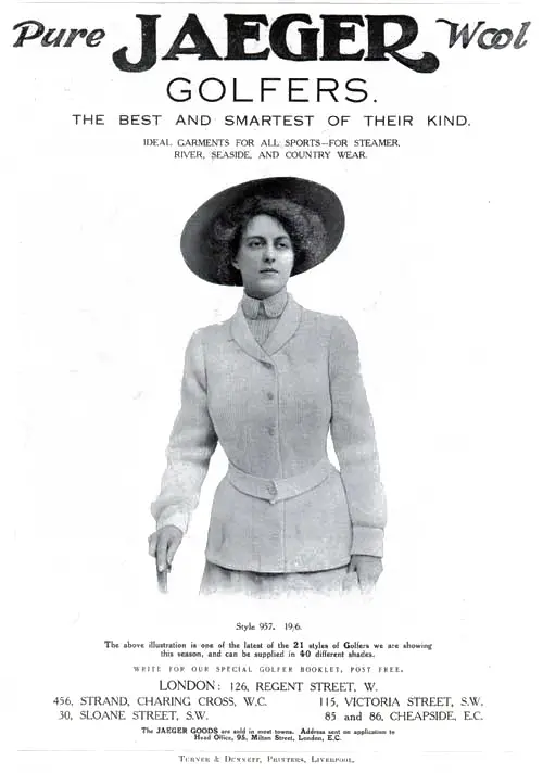 1908 Print Advertisement for Pure Jaeger Golfers - London. Cunard Daily Bulletin Supplement, 1908.