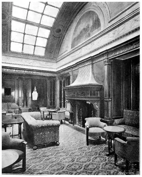View of the First Class Smoking Room on the RMS Mauretania Showing the Fireplace.