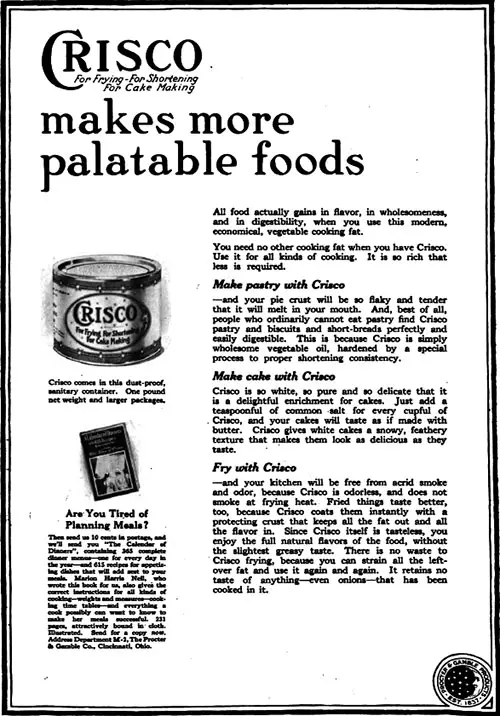 Crisco Shortening Advertisement, Forecast Magazine, February 1920.