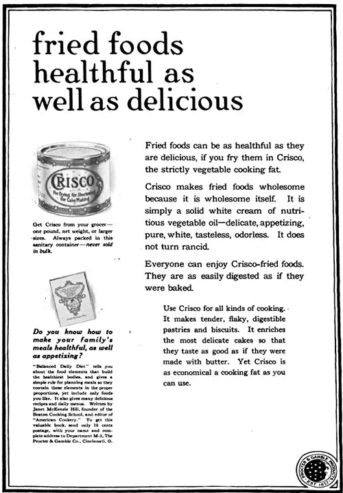 Fried Foods -- Crisco Shortening Advertisement, Forecast Magazine, March 1920.