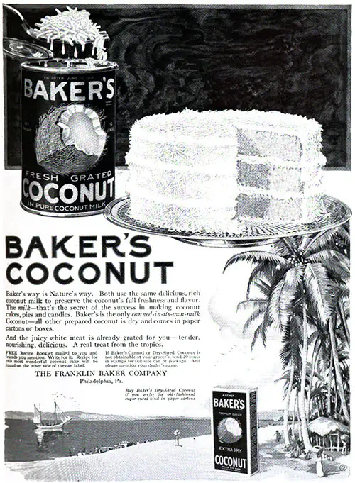 Baker's Coconut Cake Advertisement, Forecast Magazine, March 1920.