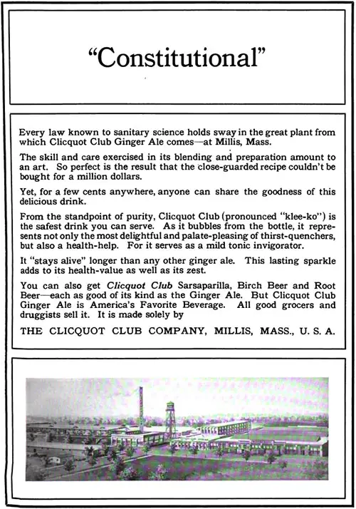 Cliquot Club Ginger Ale 'Constitutional' Advertisement, Forecast Magazine, April 1920.