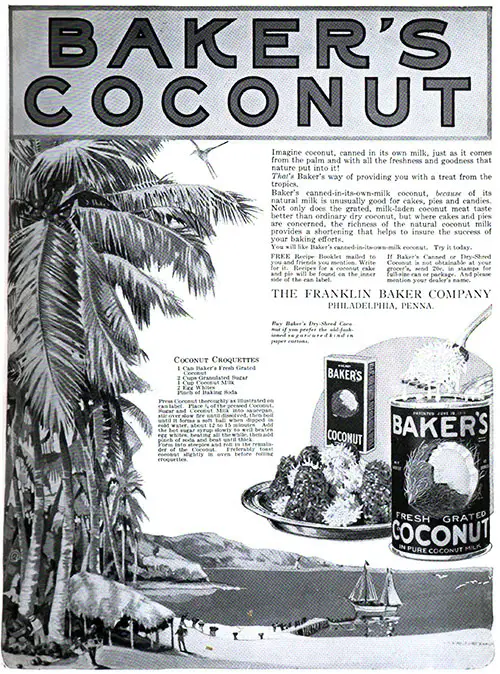Baker's Coconut Advertisment, Forecast Magazine, April 1920.