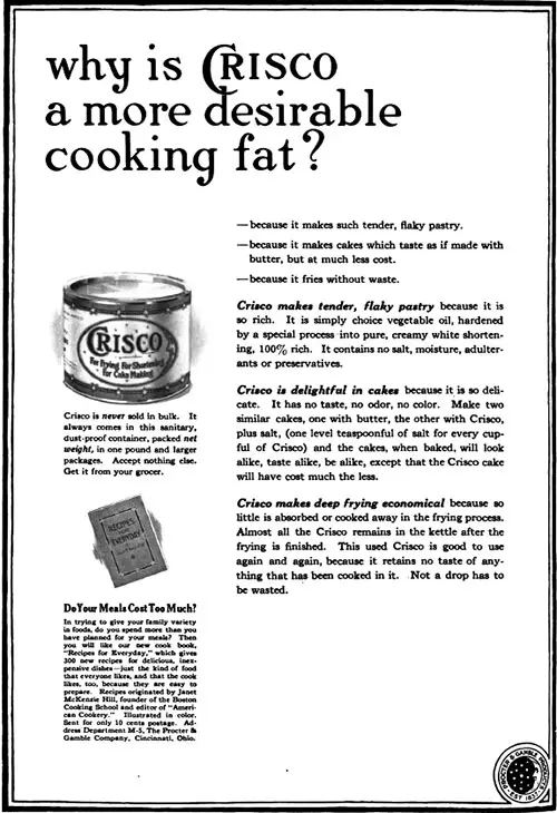 Desirable Cooking Fat -- Crisco Shortening Advertisement, Forecast Magazine, May 1920.