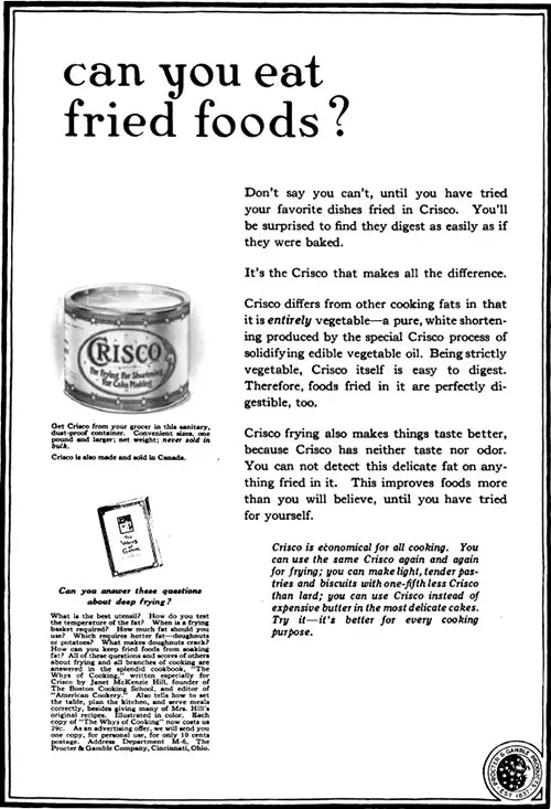 Fried Foods -- Crisco Shortening Advertisement, Forecast Magazine, June 1920.