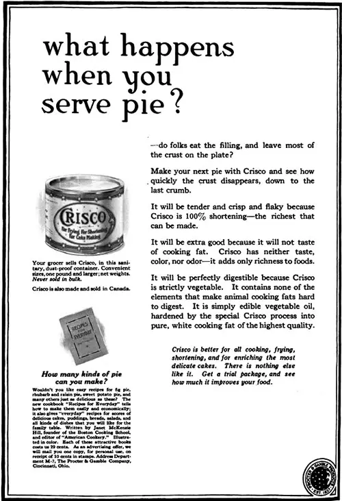 Pies -- Crisco Shortening Advertisement, Forecast Magazine, July 1920.