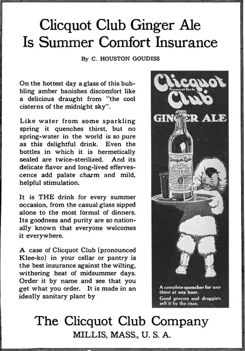 Cliquot Club Ginger Ale 'Comfort Insurance' Advertisement, Forecast Magazine, July 1920.