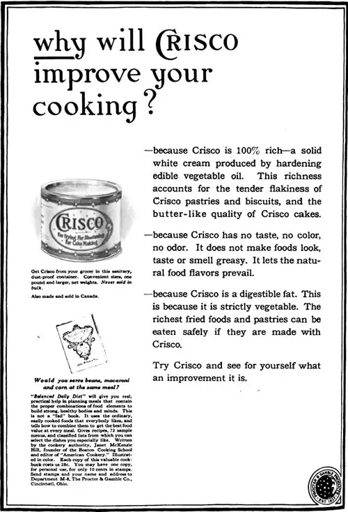 Improve Your Cooking -- Crisco Shortening Advertisement, Forecast Magazine, August 1920.