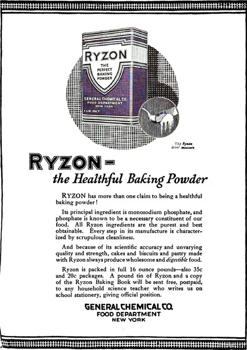 Ryzon - The Healthful Baking Powder Vintage Ad © September 1920 General Chemical Co.