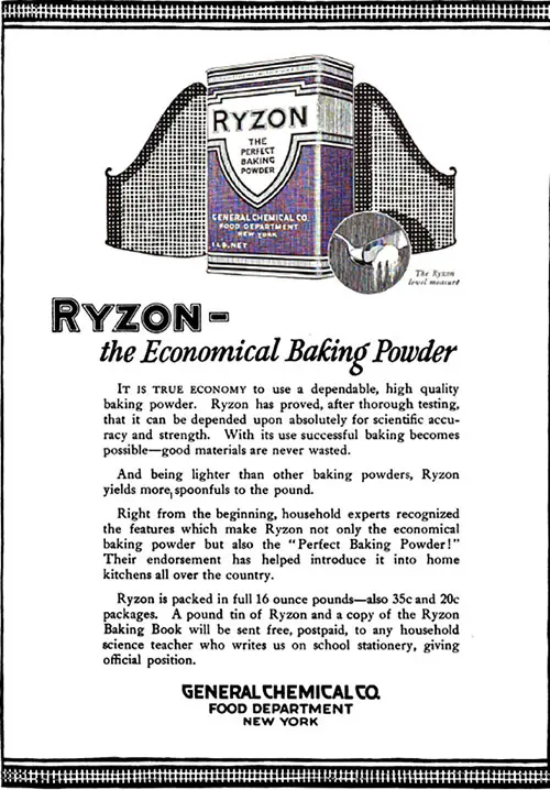 Ryzon - The Economical Baking Powder Vintage Ad © October 1920 General Chemical Co.