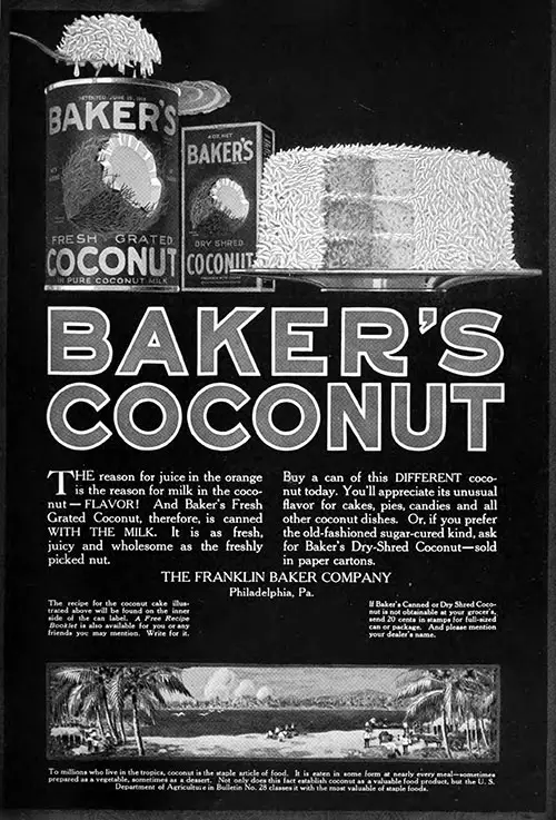 Baker's Coconut Cake Advertisement, Forecast Magazine, October 1920.