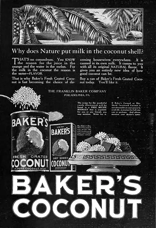 Baker's Coconut Advertisment, Forecast Magazine, December 1920.