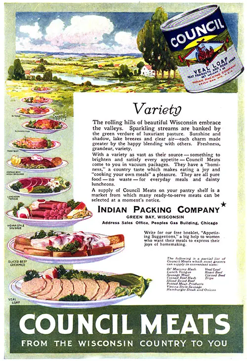 Council Meat - Indian Packing Company Advertisement, Good Housekeeping Magazine, July 1919.