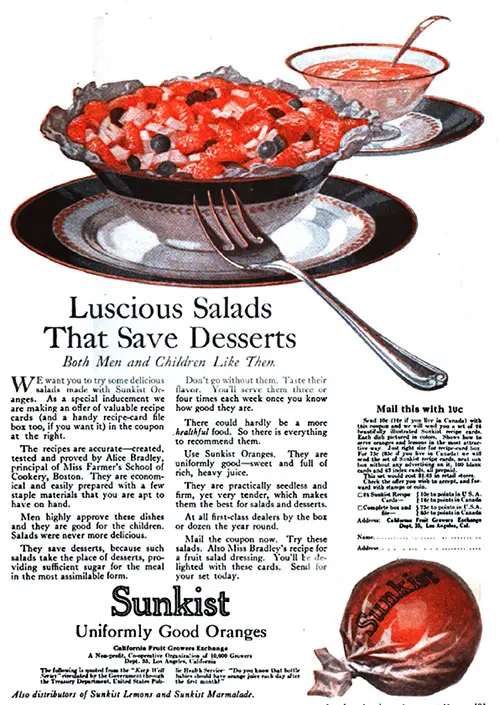 Luscious Salads That Save Desserts. Both Men and Children Like Them. Sunkist Uniformly Good Oranges. Good Housekeeping Magazine, July 1920.