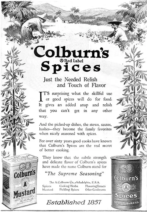 Colburn's Red Label Spices Advertsement, Good Housekeeping Magazine, August 1920.