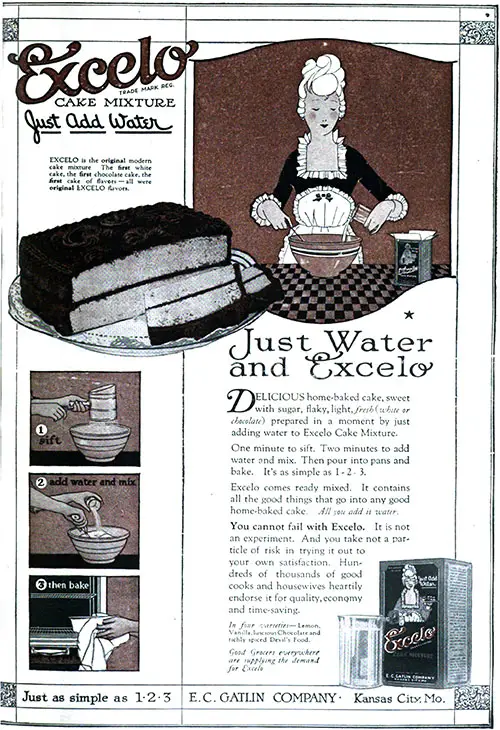 Excelo Cake Mixture Advertisement, Good Housekeeping Magazine, August 1920.