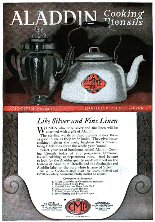 Aladdin Cooking Utensils Like Silver and Fine Linen © 1920 The Cleveland Metal Products Co.