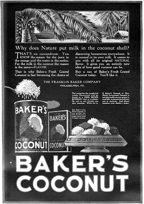 Baker's Coconut Advertisment, Good Housekeeping Magazine, December 1920.