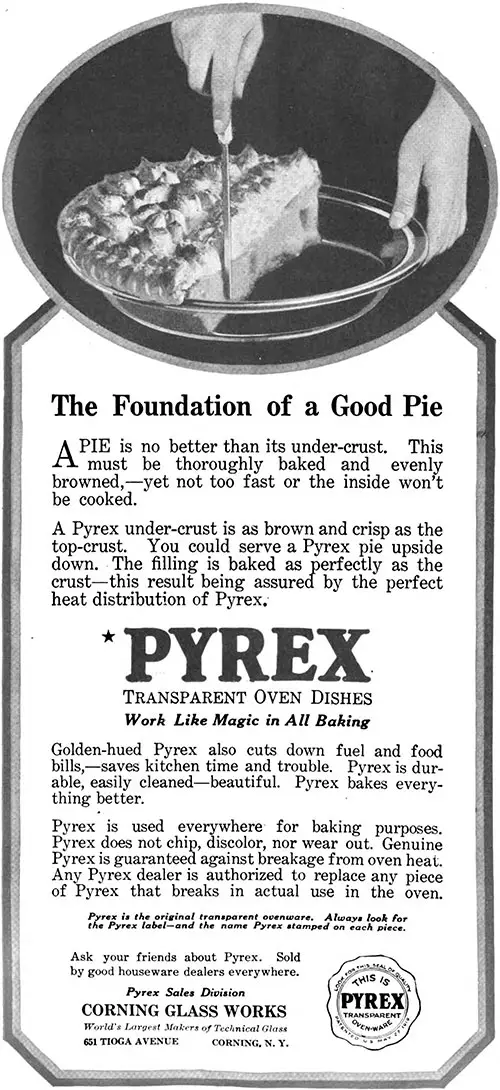 Pyrex - The Foundation of a Good Pie Advertisemet by Corning Glass Works, Good Housekeeping Magazine, May 1921.