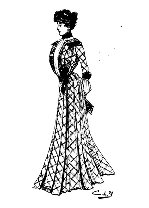 Morning House Gown of Plaid Wool with Silk Waistcoat and Velvet Revers, Cuffs, and Belt.