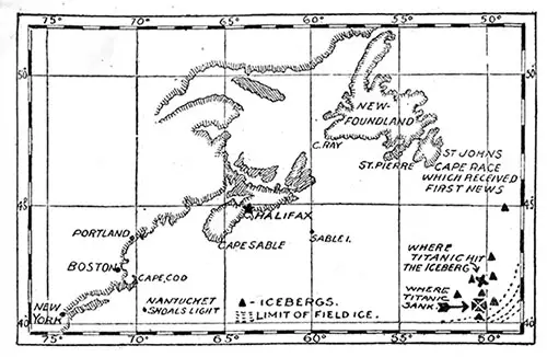 Map of the Perilous Ice-Covered Tract Where the Titanic Met Her Fate. 