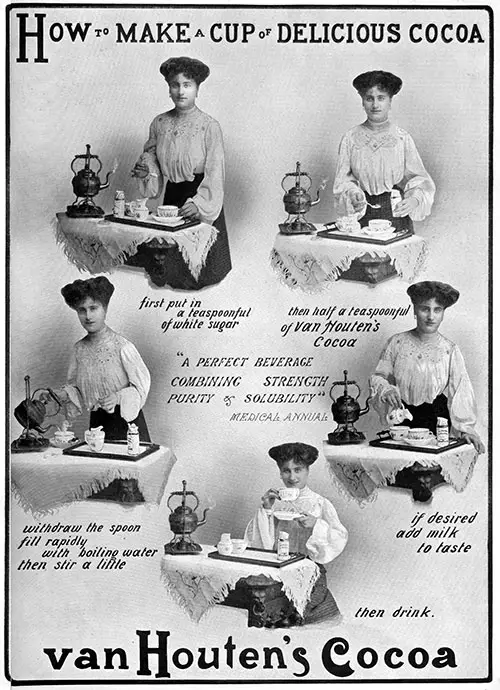 Advertisement: Van Houtens Cocoa - How to Make a Cup of Delicious Cocoa, 1905.