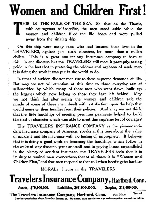 Travelers Insurance Company Ad (1912) Referencing the Titanic