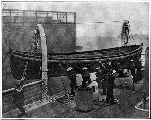 Lifeboat Drill on a German Liner. Note Cork Jackets on the Crew.
