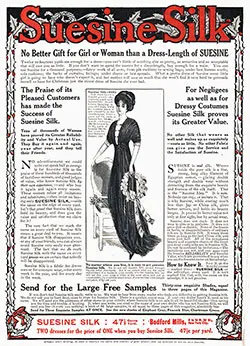 1908 Print Advertisement for Suesine Silk from the Bedford Mills of New York City. The Delineator Magazine, December 1908.