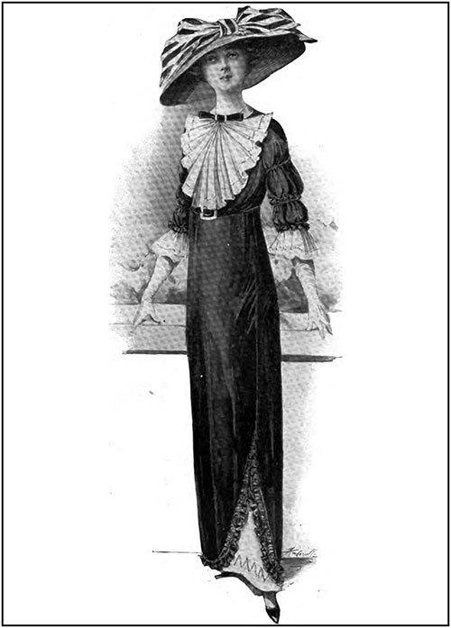 A Dainty Frock of Black Taffetas Is Finished with a Fine White Lawn Jabot and Frills on the Sleeves, and a Velvet Bow and Buckle at the Neck.