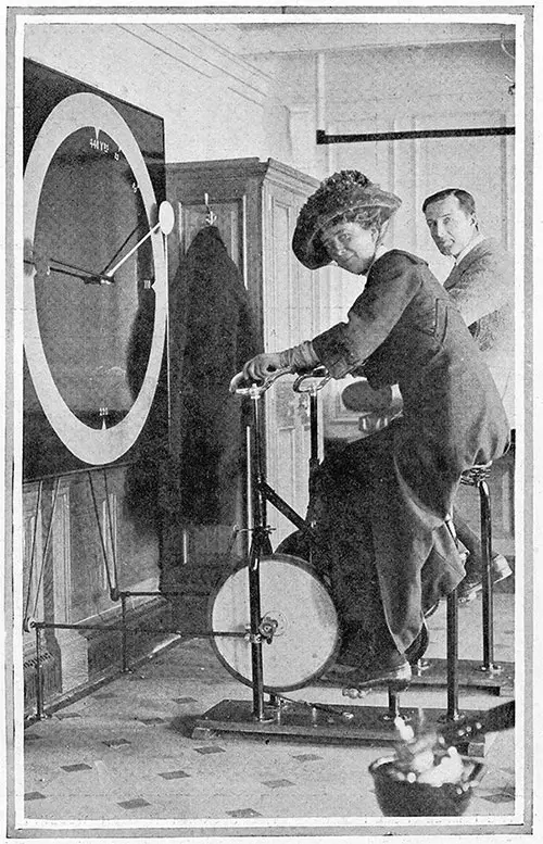 Keeping Fit Aboard the Floating Palace: Cycling in the Liner's Gymnasium.