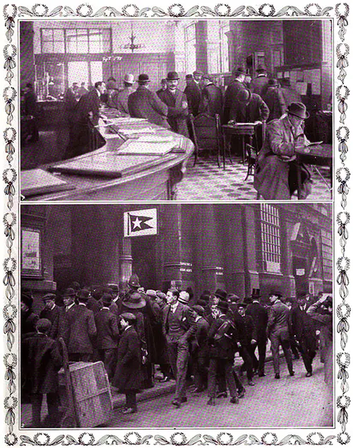 Crowds outside and inside of the White Star Line Offices Crave Any News about the Fate of Passengers. 