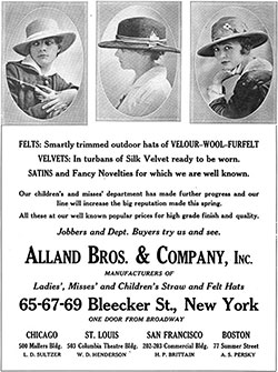 1916 Print Advertisement for Alland Bros. & Company, Inc., Manufacturers of Ladies, Teens, and Children's Straw and Felt Hats. The Illustrated Milliner, July 1916.