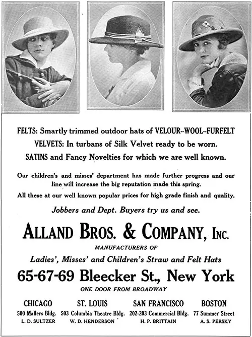1916 Print Advertisement for Alland Bros. & Company, Inc., Manufacturers of Ladies, Teens, and Children's Straw and Felt Hats. The Illustrated Milliner, July 1916.