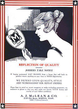 1918 Print Advertisement from the A. J. McLean & Company, Boston and Paris for Hat Frames. The Illustrated Milliner, August 1918.