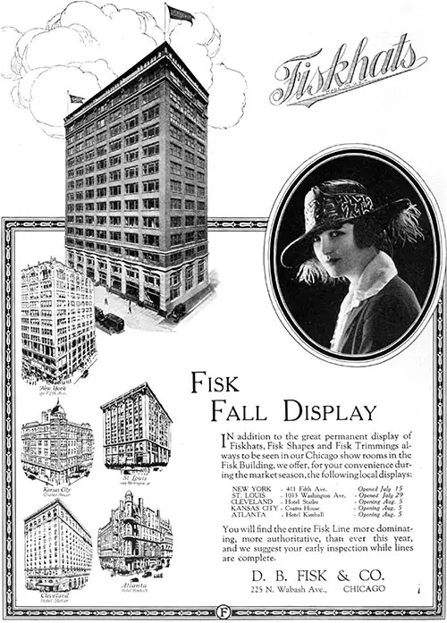 1918 Print Advertisement for FiskHat -- Fall Display. The Illustrated Milliner, August 1918.