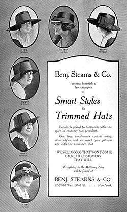 1918 Print Advertisement from Benj. Stearns & Co. for Smart Styles in Trimmed Hats. The Illustrated Milliner, September 1918.