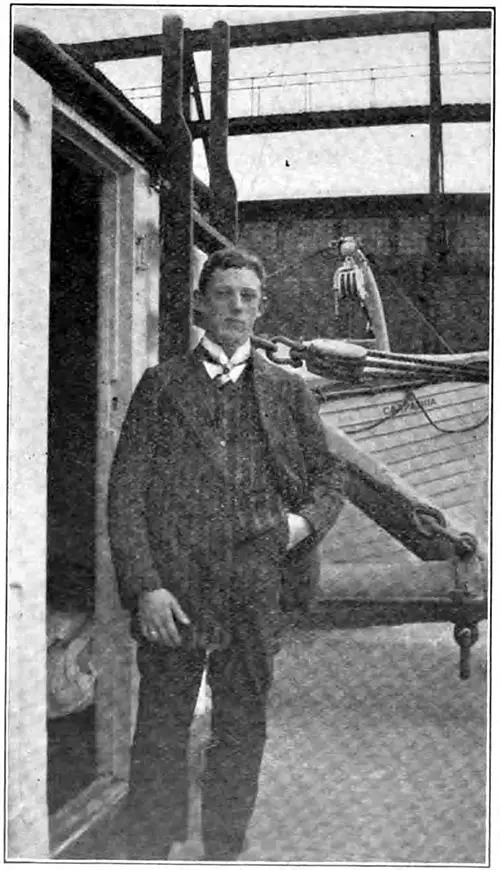 Howard Cottam, the Young Wireless Operator on the Carpathia, at the Door of His Wireless Station.