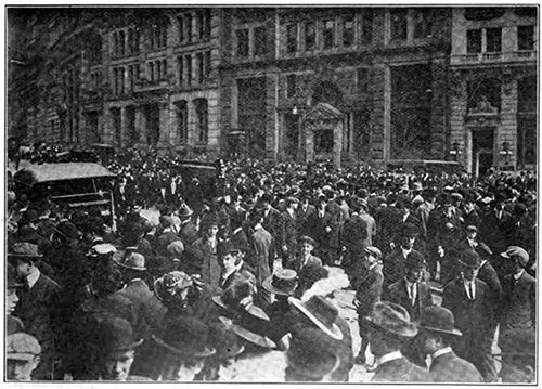 Crowds of the Stricken and Curious Gather by the White Star Line Office on Broadway in New York.