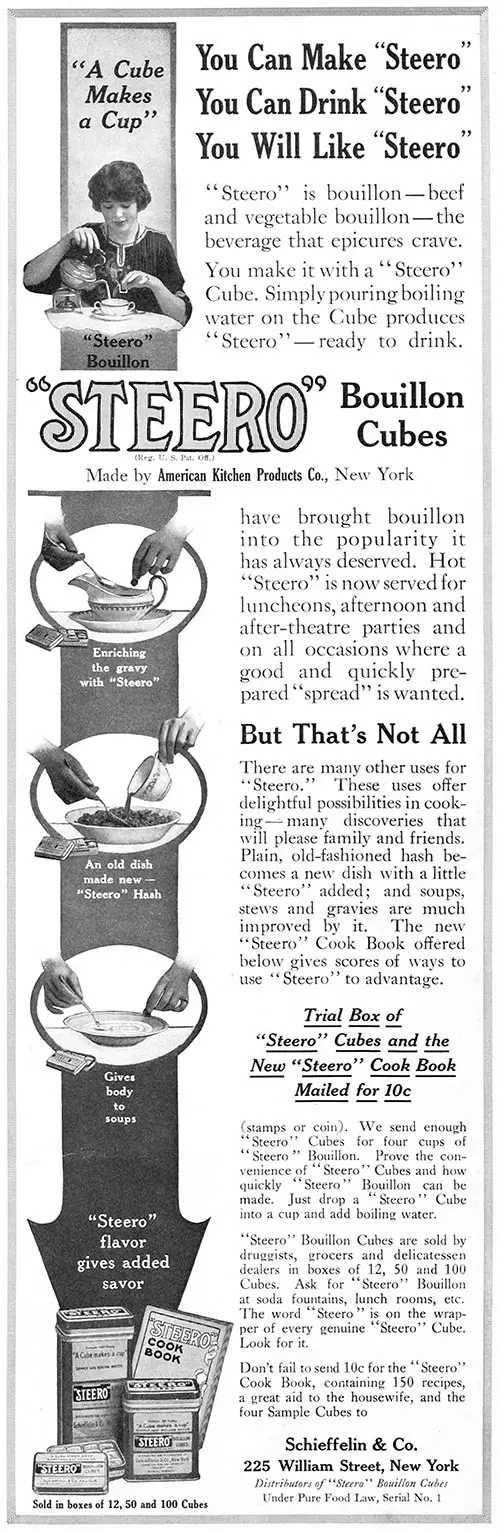Steero Bouillon Cubes, American Kitchen Products Co., The Ladies' Home Journal, January 1914.